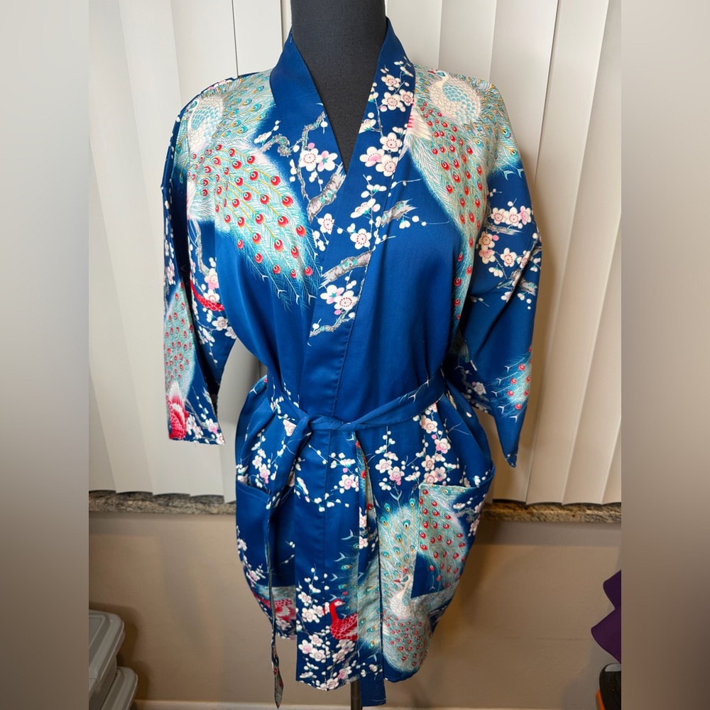 Vintage Japanese Belted Kimono Robe Peacock Cherry Blossom/ One of A Kind